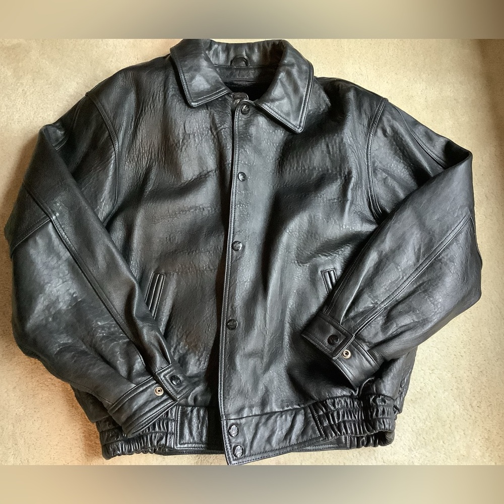 Genuine French Lamb Leather heavyweight removable lining black bomber jacket XL